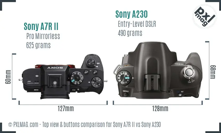 Sony A7R II vs Sony A230 top view buttons comparison