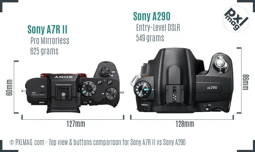 Sony A7R II vs Sony A290 top view buttons comparison Sony A7R II vs Sony A290 top view buttons comparison