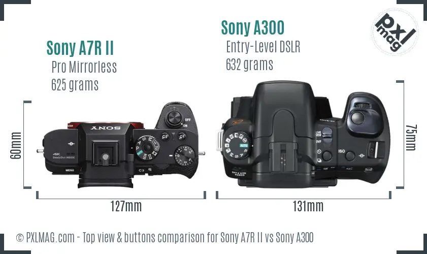 Sony A7R II vs Sony A300 top view buttons comparison