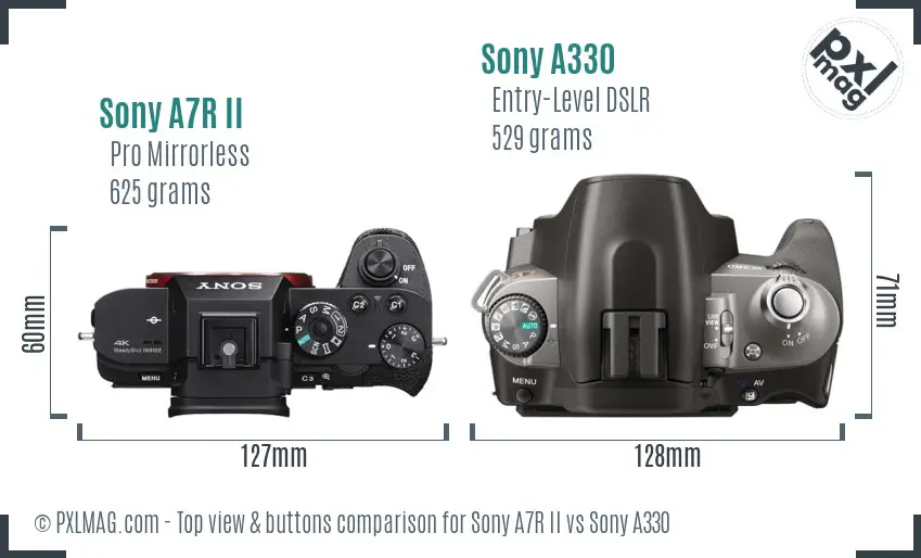 Sony A7R II vs Sony A330 top view buttons comparison Sony A7R II vs Sony A330 top view buttons comparison