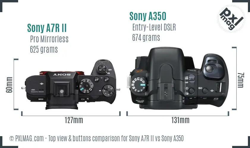 Sony A7R II vs Sony A350 top view buttons comparison