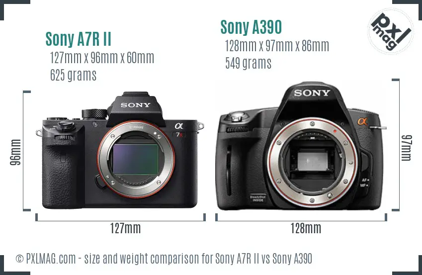 Sony A7R II vs Sony A390 size comparison