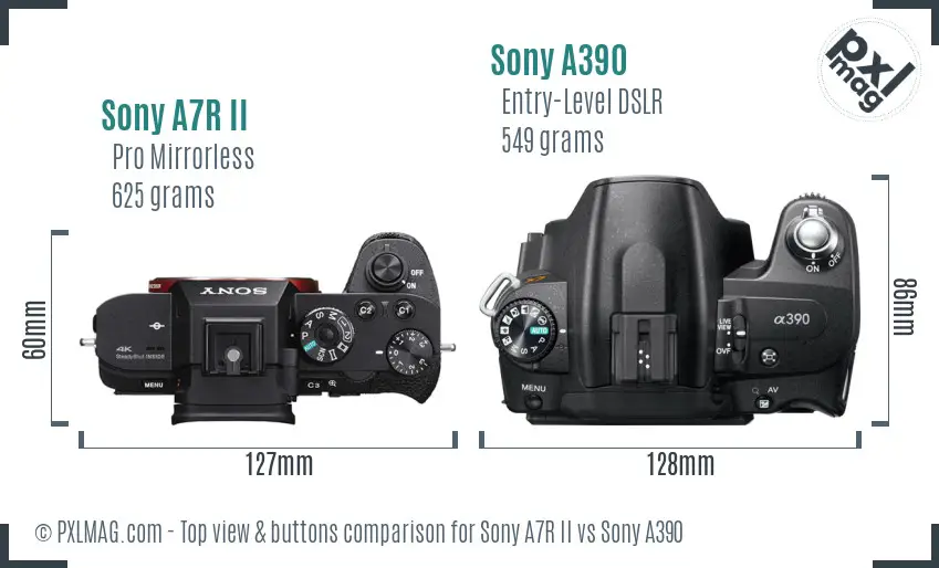 Sony A7R II vs Sony A390 top view buttons comparison