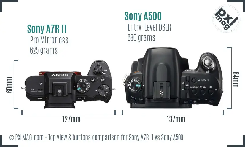 Sony A7R II vs Sony A500 top view buttons comparison