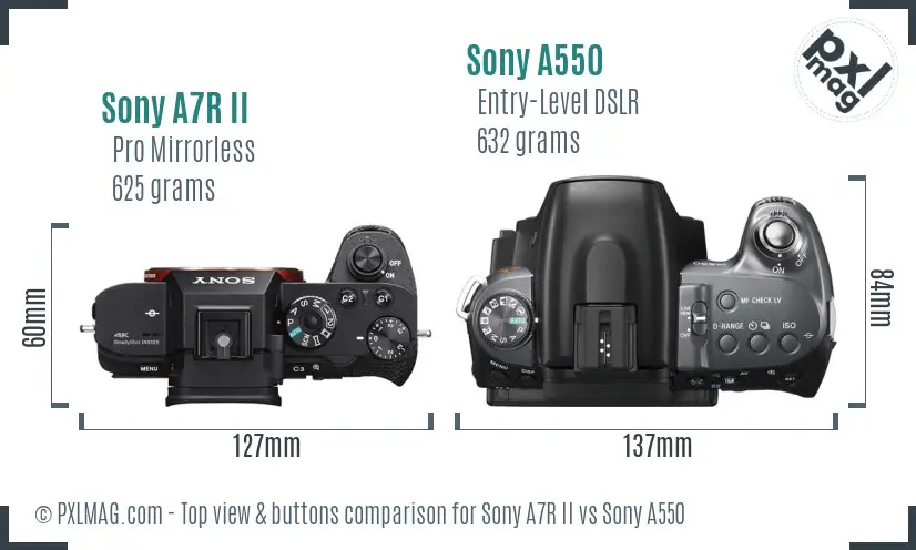 Sony A7R II vs Sony A550 top view buttons comparison Sony A7R II vs Sony A550 top view buttons comparison
