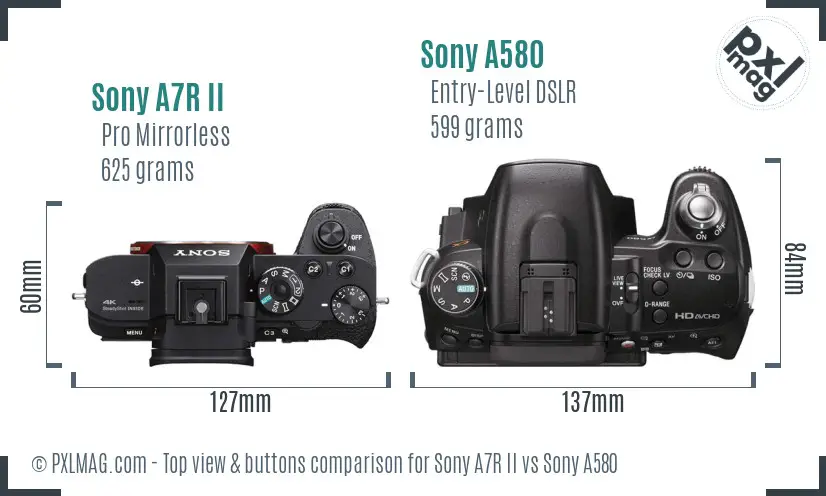 Sony A7R II vs Sony A580 top view buttons comparison