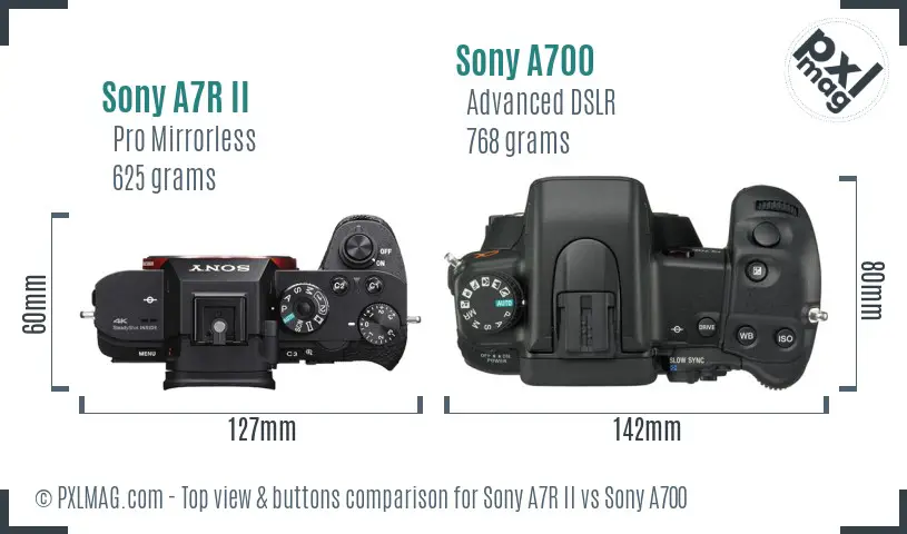 Sony A7R II vs Sony A700 top view buttons comparison