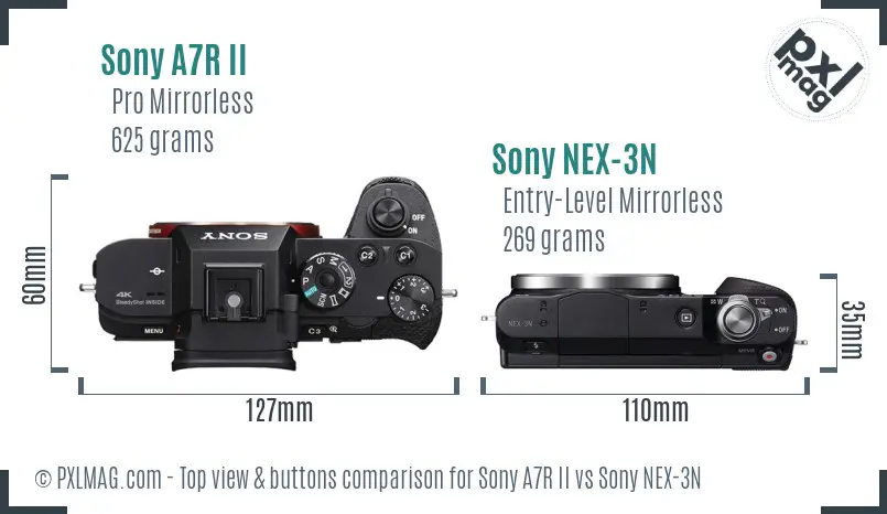 Sony A7R II vs Sony NEX-3N top view buttons comparison Sony A7R II vs Sony NEX-3N top view buttons comparison