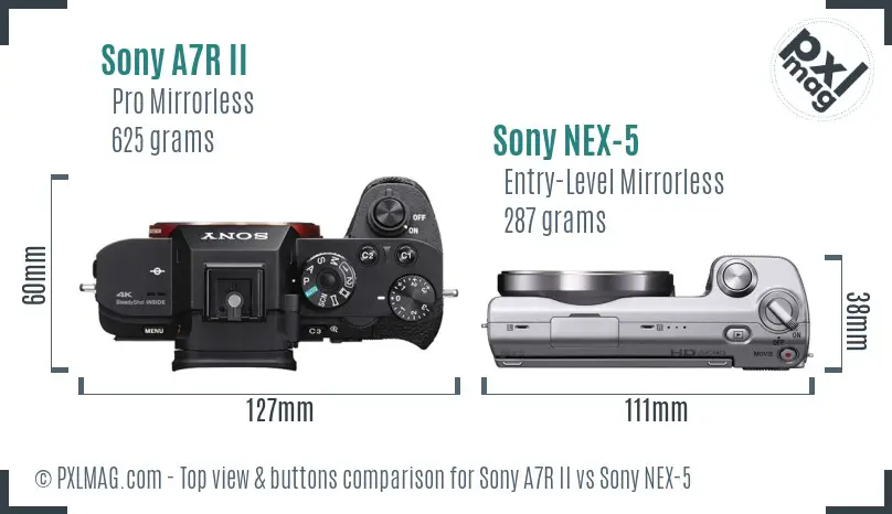 Sony A7R II vs Sony NEX-5 top view buttons comparison Sony A7R II vs Sony NEX-5 top view buttons comparison