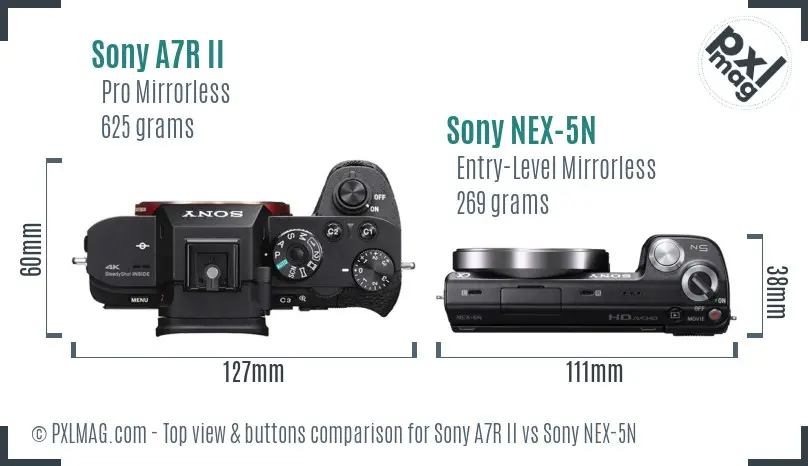 Sony A7R II vs Sony NEX-5N top view buttons comparison Sony A7R II vs Sony NEX-5N top view buttons comparison