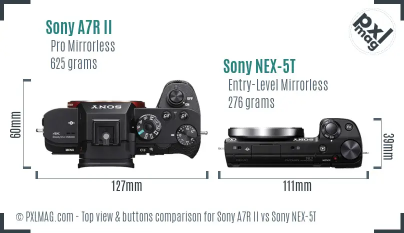 Sony A7R II vs Sony NEX-5T top view buttons comparison Sony A7R II vs Sony NEX-5T top view buttons comparison