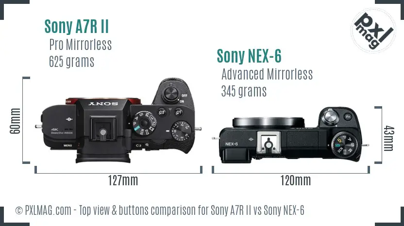 Sony A7R II vs Sony NEX-6 top view buttons comparison Sony A7R II vs Sony NEX-6 top view buttons comparison
