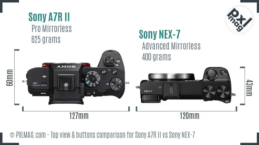 Sony A7R II vs Sony NEX-7 top view buttons comparison