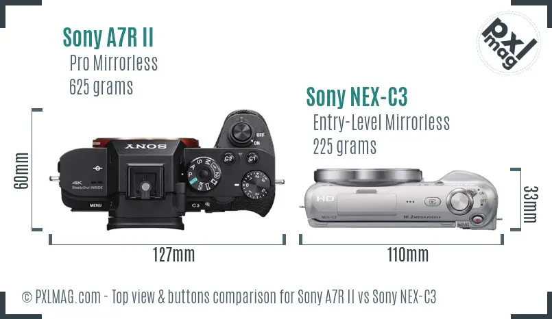 Sony A7R II vs Sony NEX-C3 top view buttons comparison Sony A7R II vs Sony NEX-C3 top view buttons comparison