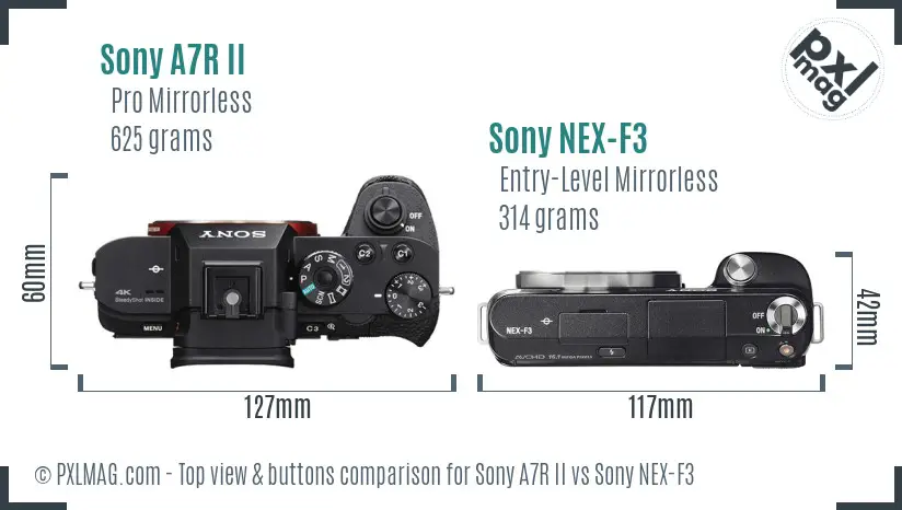Sony A7R II vs Sony NEX-F3 top view buttons comparison