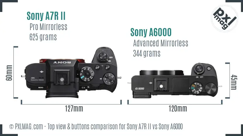 Sony A7R II vs Sony A6000 top view buttons comparison