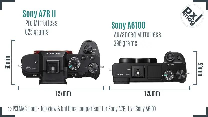 Sony A7R II vs Sony A6100 top view buttons comparison