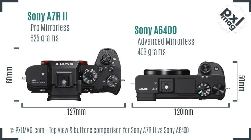 Sony A7R II vs Sony A6400 top view buttons comparison