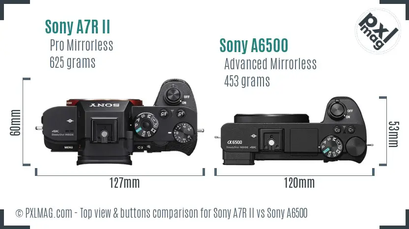Sony A7R II vs Sony A6500 top view buttons comparison