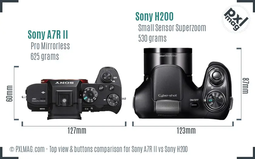 Sony A7R II vs Sony H200 top view buttons comparison
