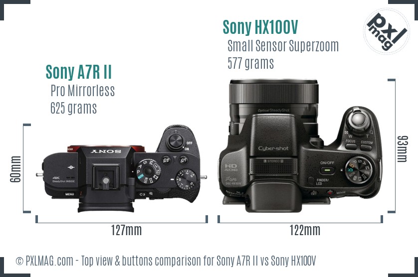 Sony A7R II vs Sony HX100V top view buttons comparison