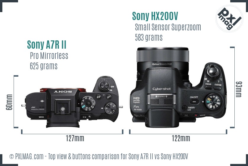 Sony A7R II vs Sony HX200V top view buttons comparison