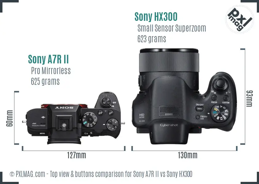 Sony A7R II vs Sony HX300 top view buttons comparison