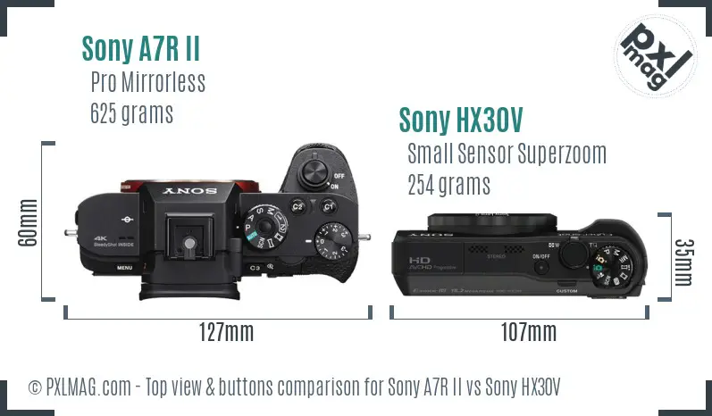 Sony A7R II vs Sony HX30V top view buttons comparison Sony A7R II vs Sony HX30V top view buttons comparison