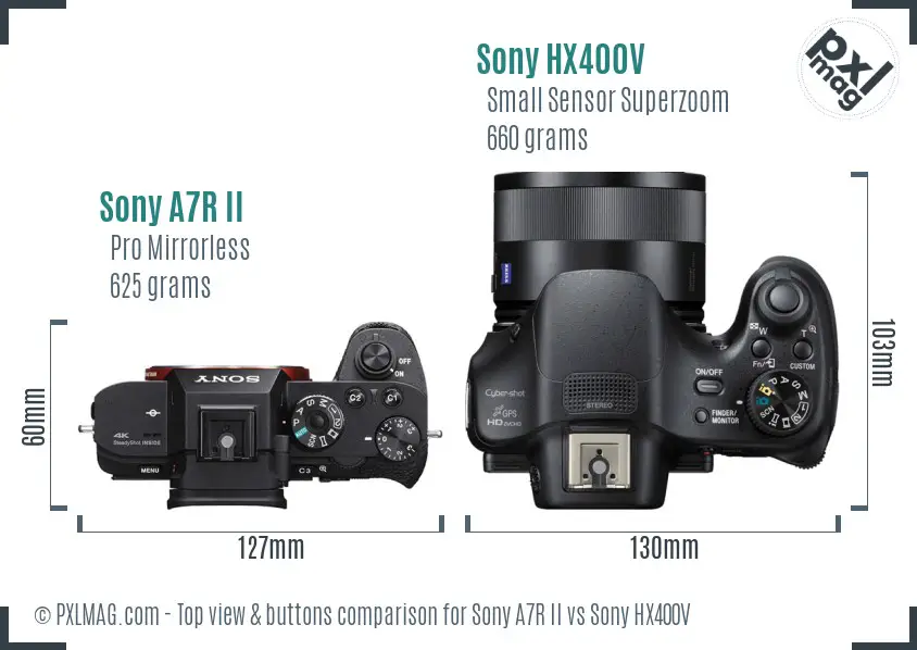 Sony A7R II vs Sony HX400V top view buttons comparison