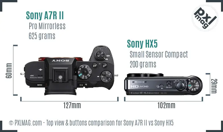 Sony A7R II vs Sony HX5 top view buttons comparison