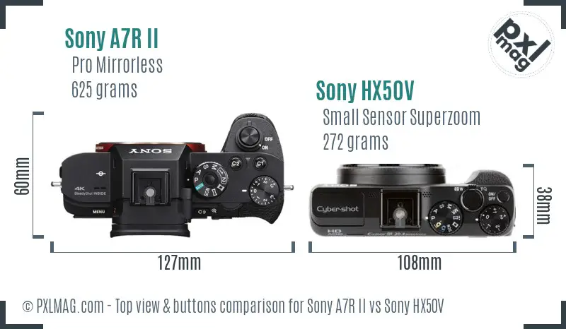 Sony A7R II vs Sony HX50V top view buttons comparison Sony A7R II vs Sony HX50V top view buttons comparison