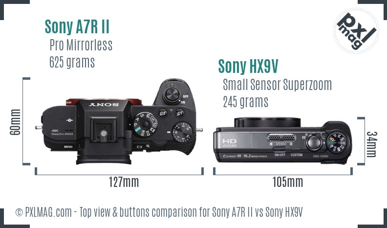 Sony A7R II vs Sony HX9V top view buttons comparison