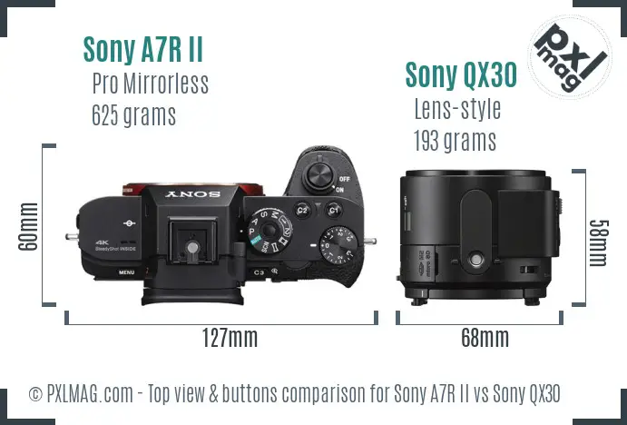Sony A7R II vs Sony QX30 top view buttons comparison