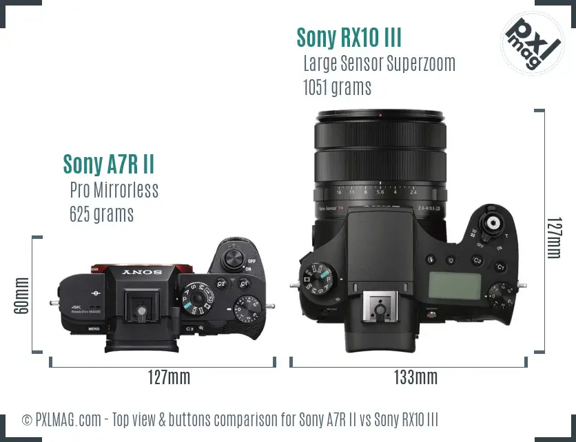 Sony A7R II vs Sony RX10 III top view buttons comparison