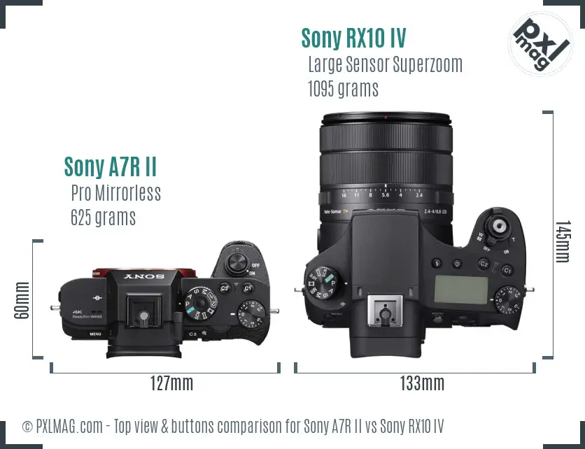 Sony A7R II vs Sony RX10 IV top view buttons comparison