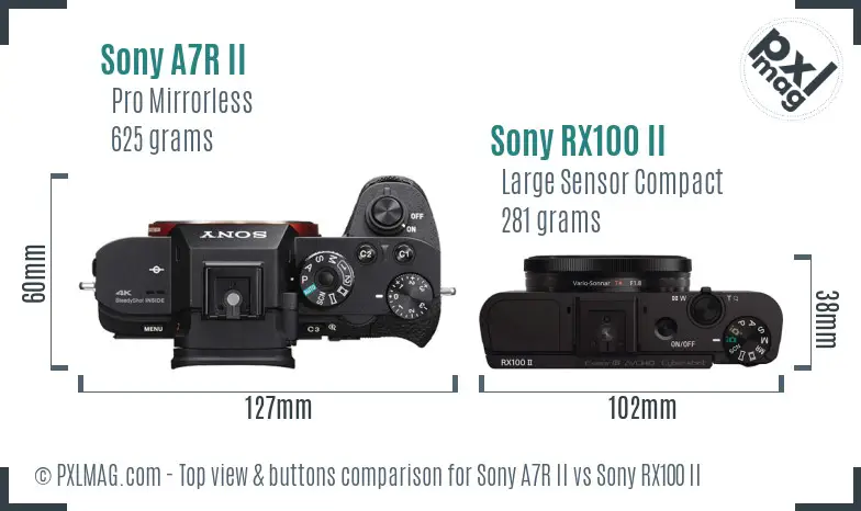 Sony A7R II vs Sony RX100 II top view buttons comparison Sony A7R II vs Sony RX100 II top view buttons comparison