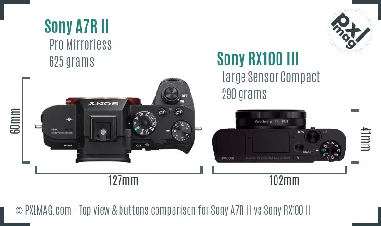 Sony A7R II vs Sony RX100 III top view buttons comparison