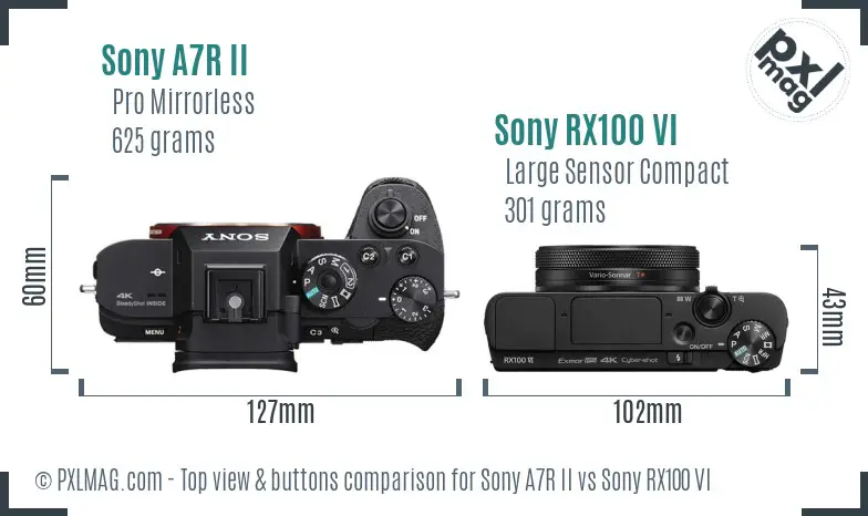 Sony A7R II vs Sony RX100 VI top view buttons comparison