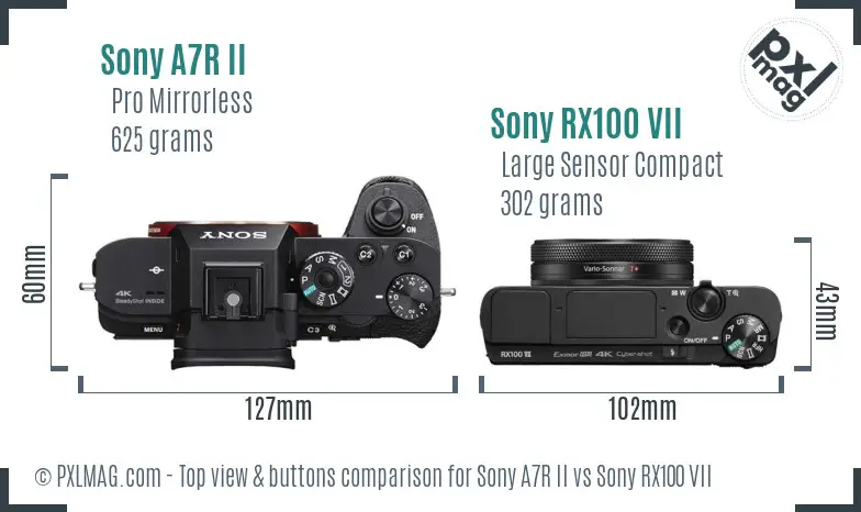 Sony A7R II vs Sony RX100 VII top view buttons comparison
