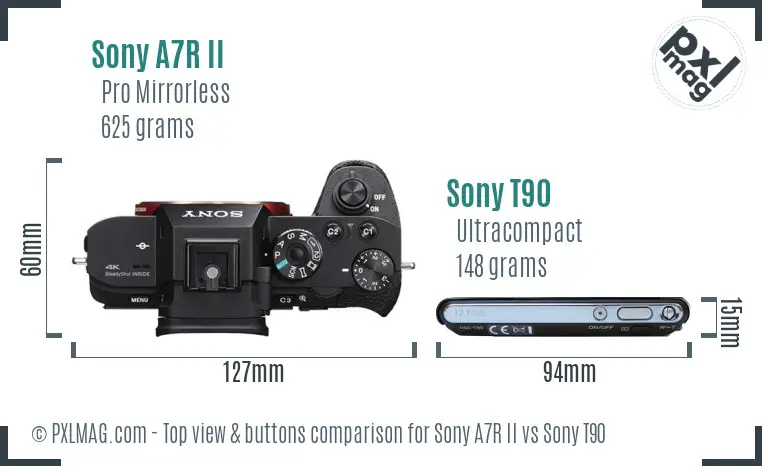 Sony A7R II vs Sony T90 top view buttons comparison