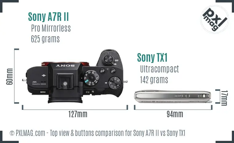 Sony A7R II vs Sony TX1 top view buttons comparison