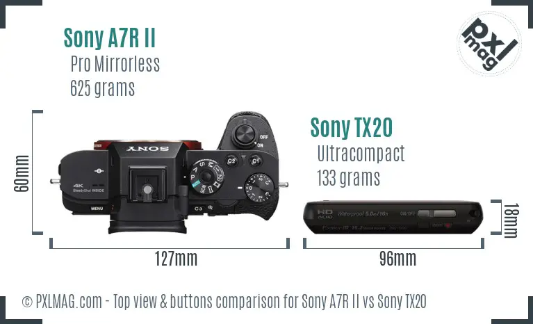 Sony A7R II vs Sony TX20 top view buttons comparison Sony A7R II vs Sony TX20 top view buttons comparison