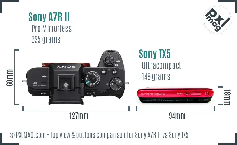 Sony A7R II vs Sony TX5 top view buttons comparison