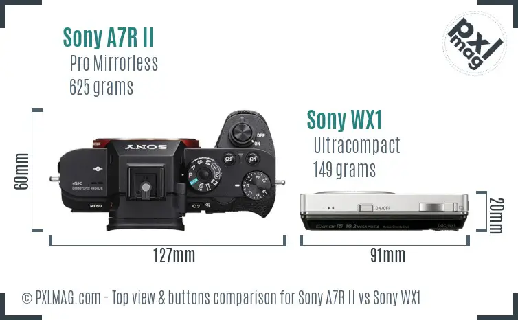 Sony A7R II vs Sony WX1 top view buttons comparison