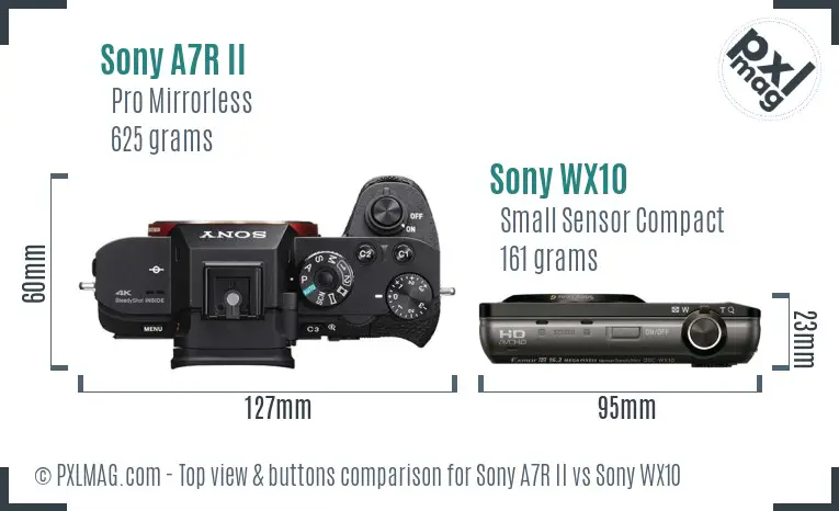 Sony A7R II vs Sony WX10 top view buttons comparison