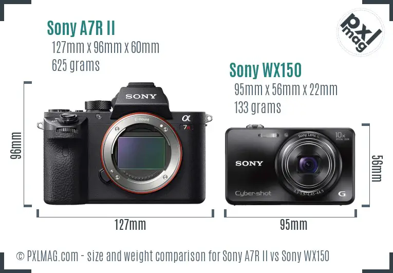 Sony A7R II vs Sony WX150 size comparison