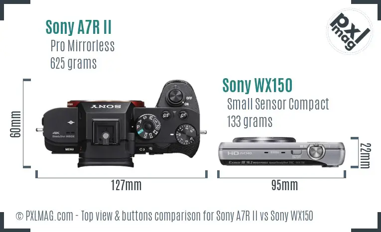 Sony A7R II vs Sony WX150 top view buttons comparison