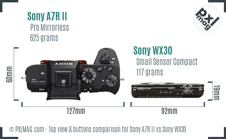 Sony A7R II vs Sony WX30 top view buttons comparison Sony A7R II vs Sony WX30 top view buttons comparison