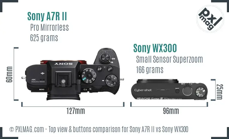 Sony A7R II vs Sony WX300 top view buttons comparison