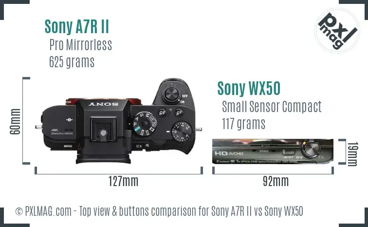 Sony A7R II vs Sony WX50 top view buttons comparison